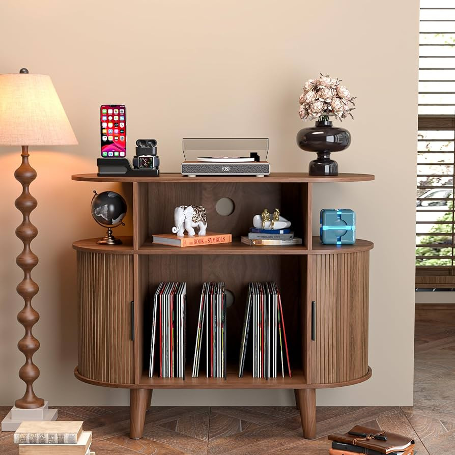 Large Round Record Player Stand with Charging Station & USB Ports，Record Storage Cabinet, Mid C... | Amazon (US)
