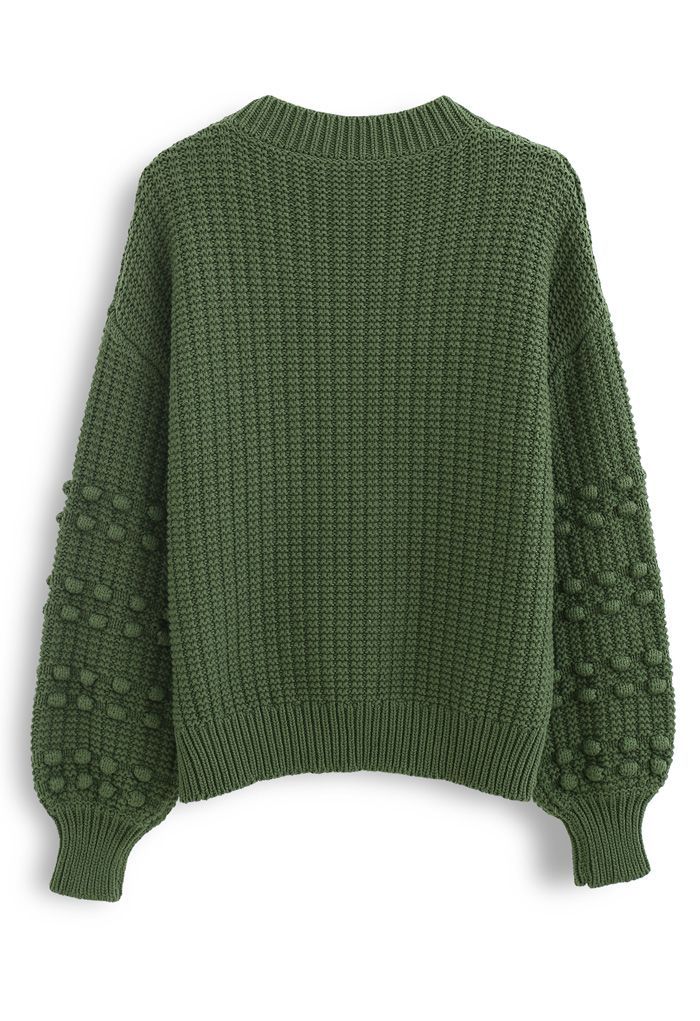 Bubble-Sleeve with Pom-Pom Detail Sweater in Green | Chicwish