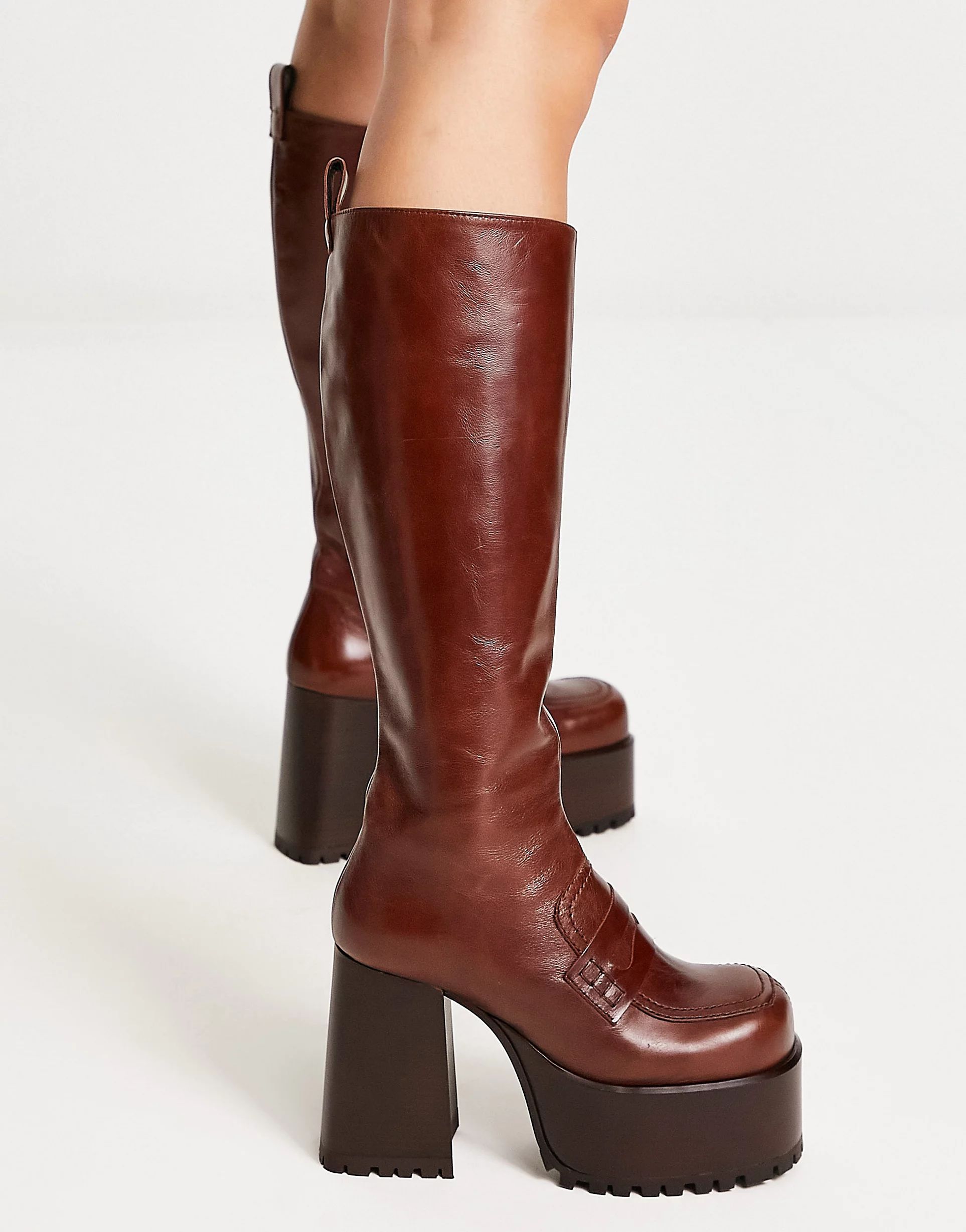ASOS DESIGN Chance premium leather platform knee high boots in choc brown | ASOS (Global)