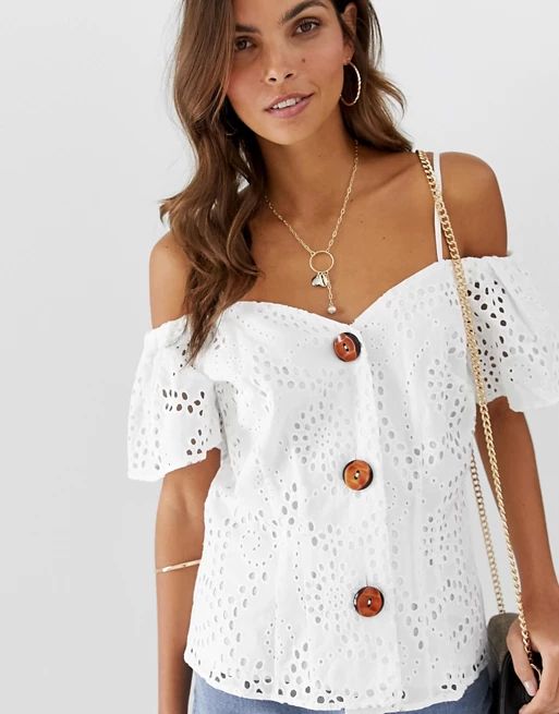 ASOS DESIGN broderie off shoulder top with contrast buttons | ASOS US