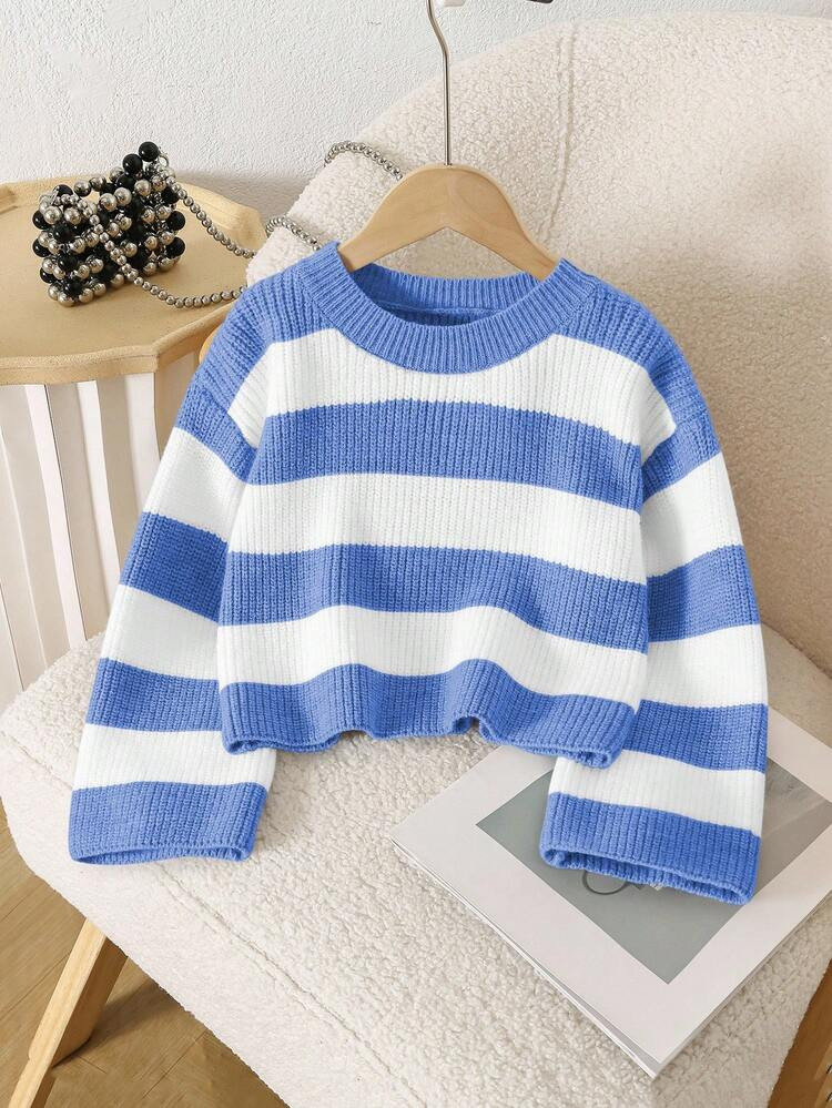 Souflis Souflis Young Girl Casual Striped Cropped Crew Neck Long Sleeve Sweater, Autumn/Winter Blue And White Stripe Sweater For Girls Striped Girls Girls Sweater Striped Sweater Blue Sweater Striped Blue Sweater Girls Sweater For Young Girls Girls Blue And White Sweater Blue And White Striped Sweater Girls Blue Sweater Striped Sweater Girls Girls Striped Sweater | SHEIN