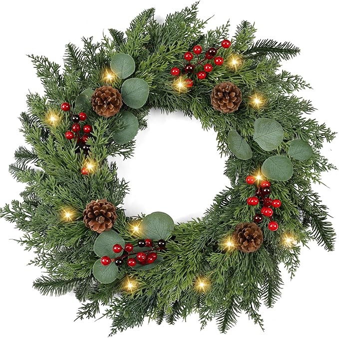 Christmas Wreath with Lights 24 Inch Real Touch Pine Wreath with Red Berries/Pine Cone Prelit Chr... | Amazon (US)