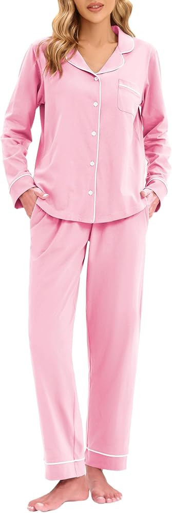 LUBOT 100% Cotton Pajamas for Women PJ Set Ladies Soft Button-Down 2 Piece Set Long Sleeve Sleepw... | Amazon (US)