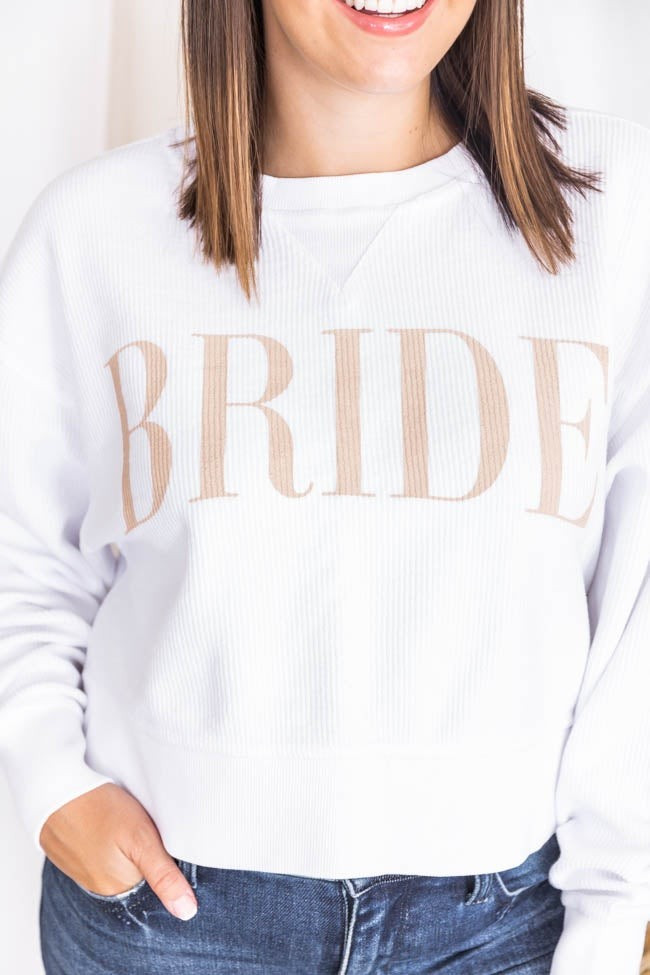 Bride Varsity White Cropped Corded Graphic Sweatshirt | The Pink Lily Boutique