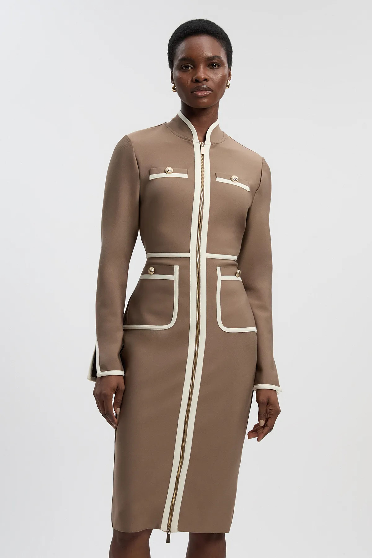 Taupe Figure Form Bandage Knit Piping Detail Military Midi Dress | Karen Millen USA | Karen Millen US