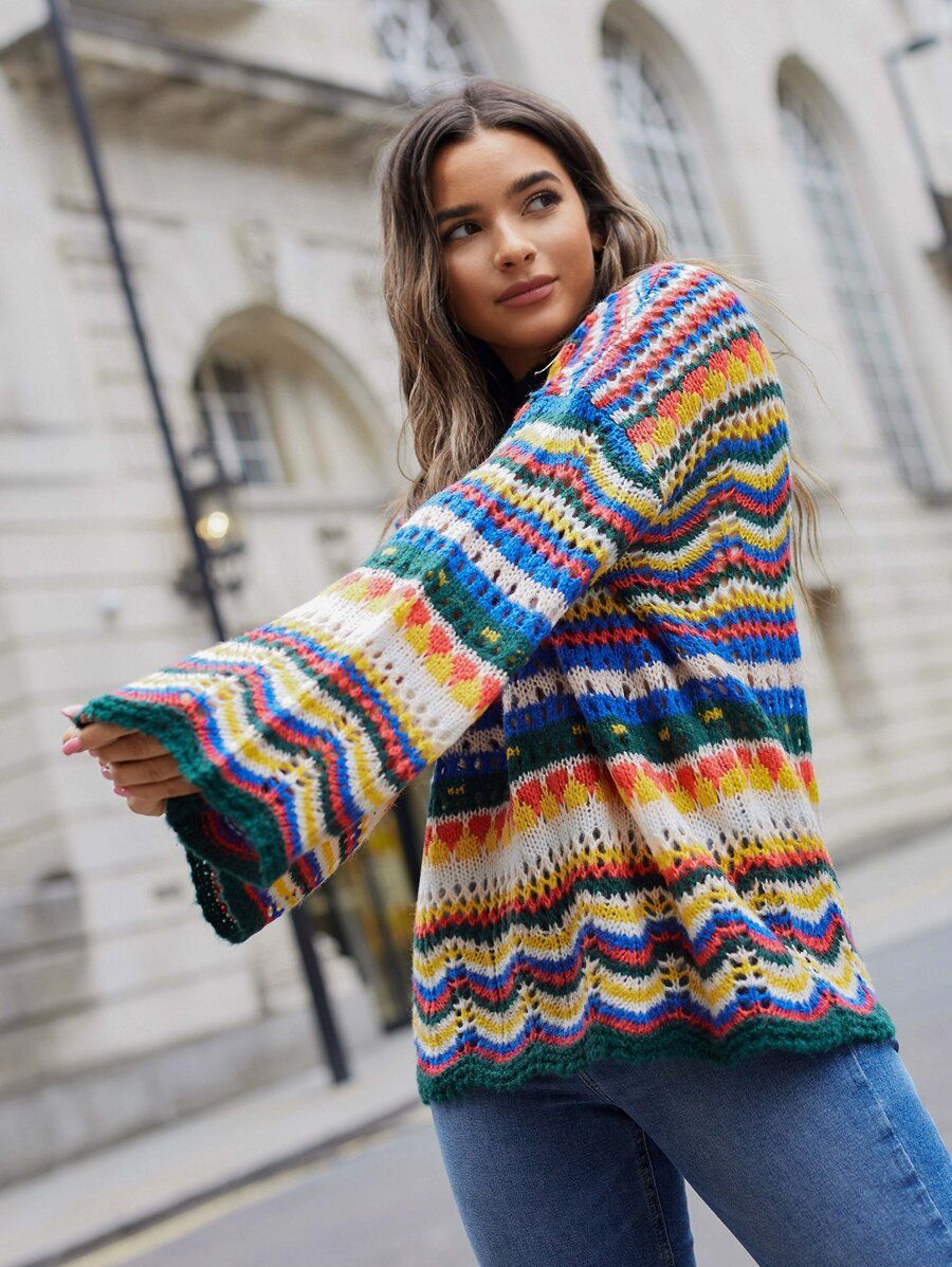 SHEIN Drop Shoulder Bell Sleeve Colorblock Pointelle Knit Sweater | SHEIN