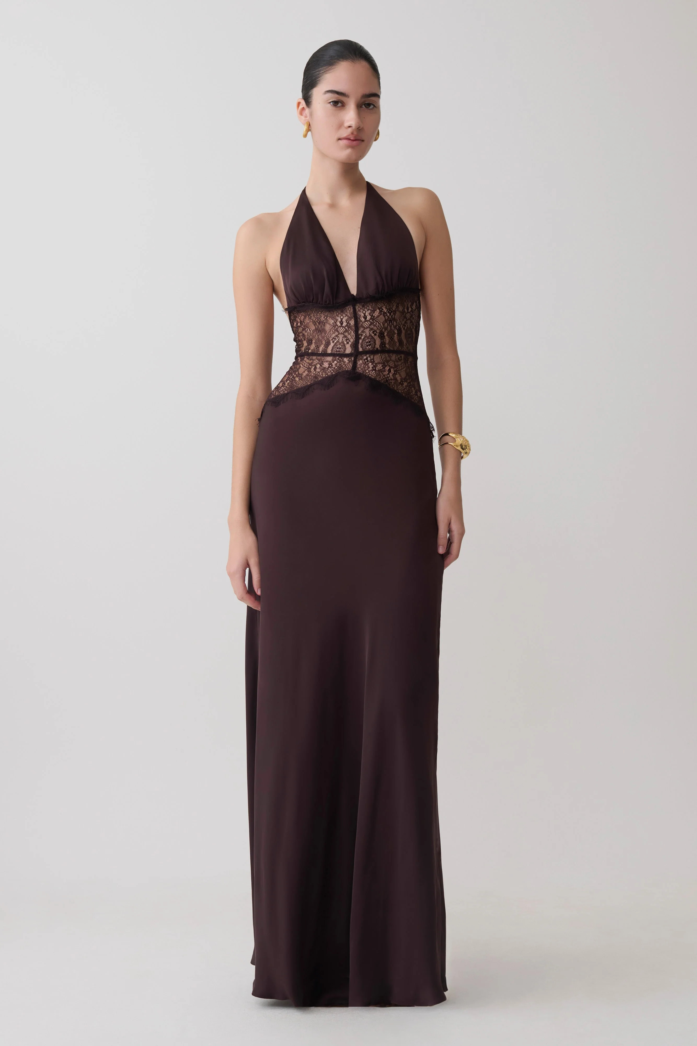 Dinah Lace And Satin Maxi Dress - Chocolate | MESHKI US