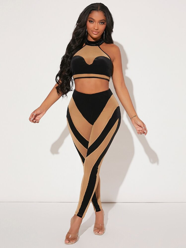 SHEIN SXY Dois tons Amarrado sem costas Topo do cabresto & Perneiras | SHEIN
