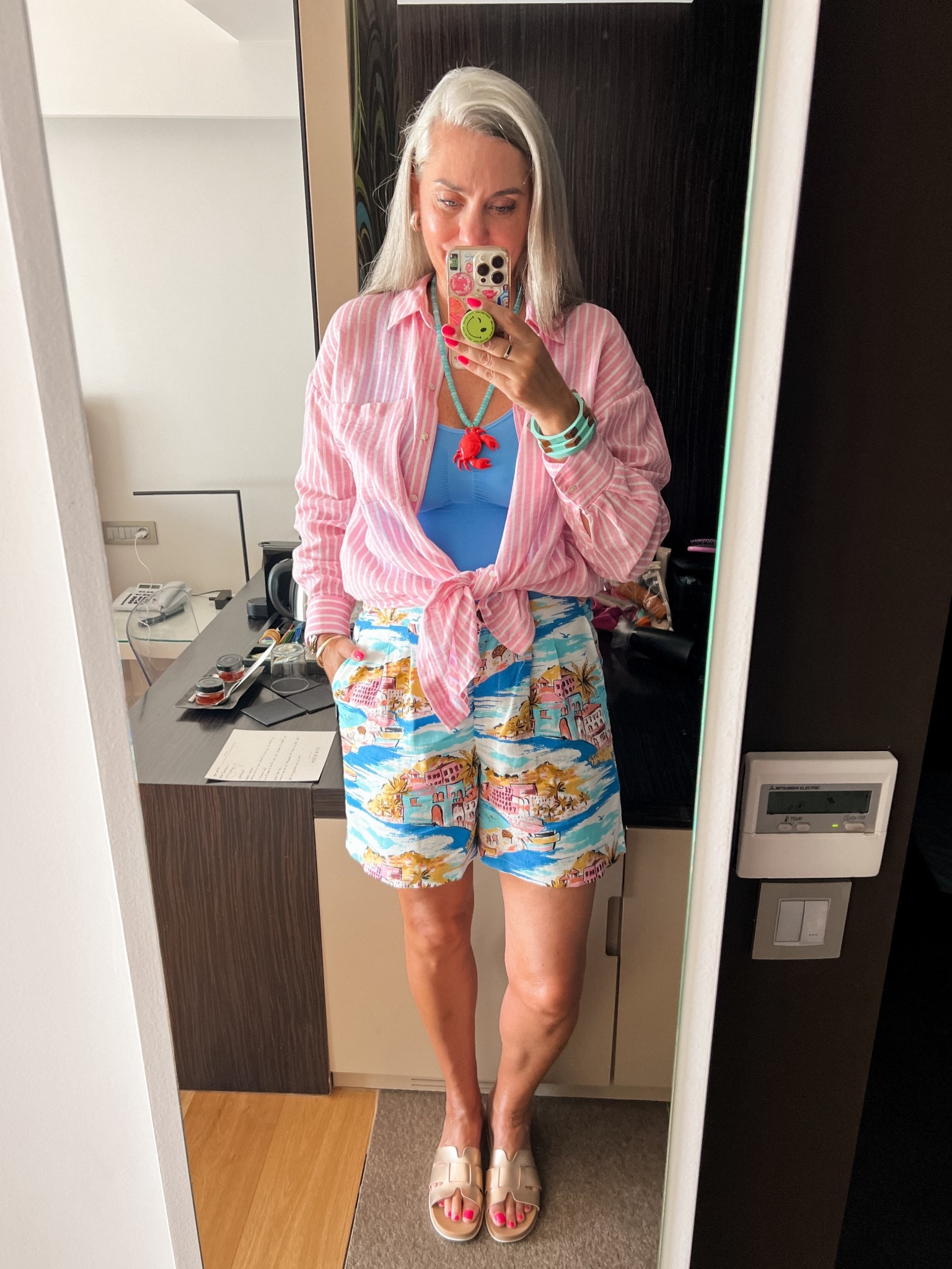 OOTD - blue shaping bodysuit (xl, Creamy Fabrics), Boden linen shorts (42, longer length), pink striped linen shirt (L), crab 🦀 necklace and Bob’s sandals. Turquoise and wood bangles are ancient  

#LTKeurope #LTKtravel #LTKnederlands