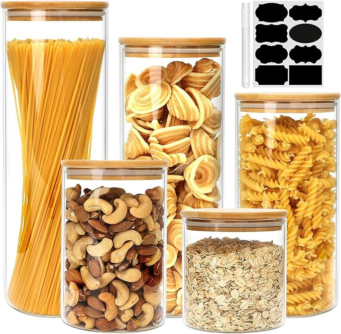 Airtight Glass Jars with Bamboo Lids, Glass Food Storage Containers Set - Set of 5 Kitchen Canist... | Amazon (US)