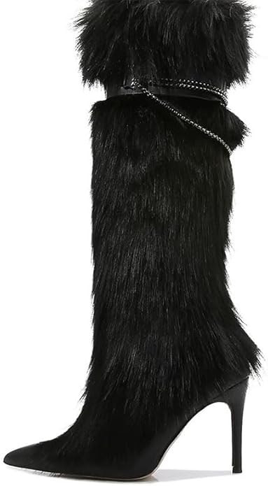 Women's Faux Fur Knee High Boots Pointed Toe Stilettos High Heel Long Boots Pink, Grey, Black Par... | Amazon (US)