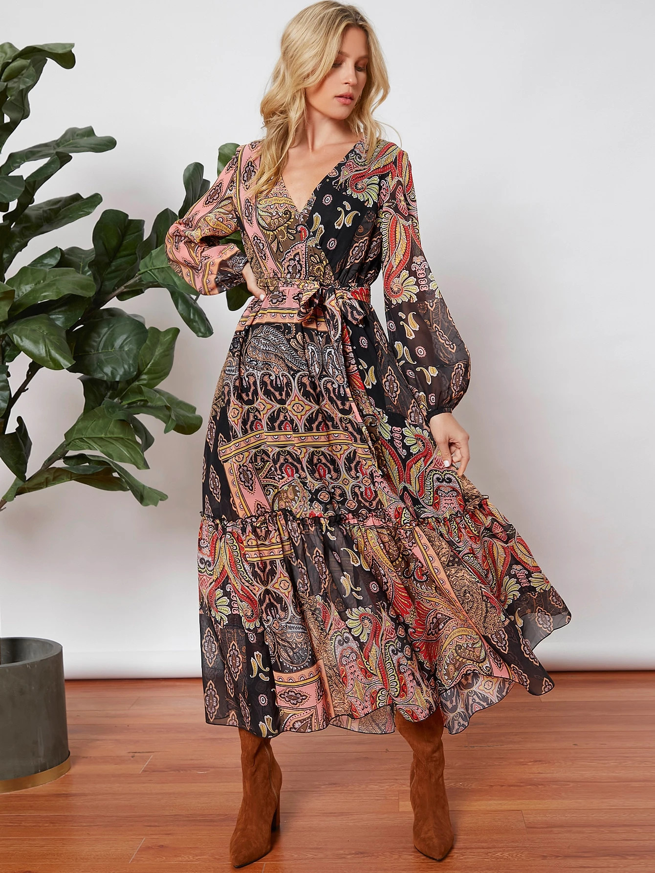 SHEIN Allover Print Lantern Sleeve Belted Dress | SHEIN