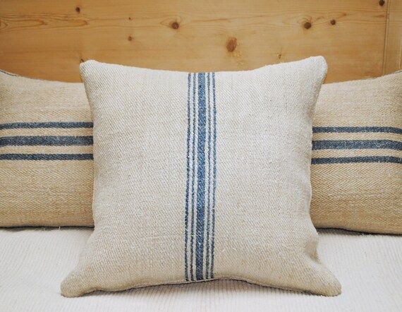 Authentic Grain Sack Pillow Cover / Antique linen / Navy Blue Stripes / Handwoven hemp fabric /Handm | Etsy (US)