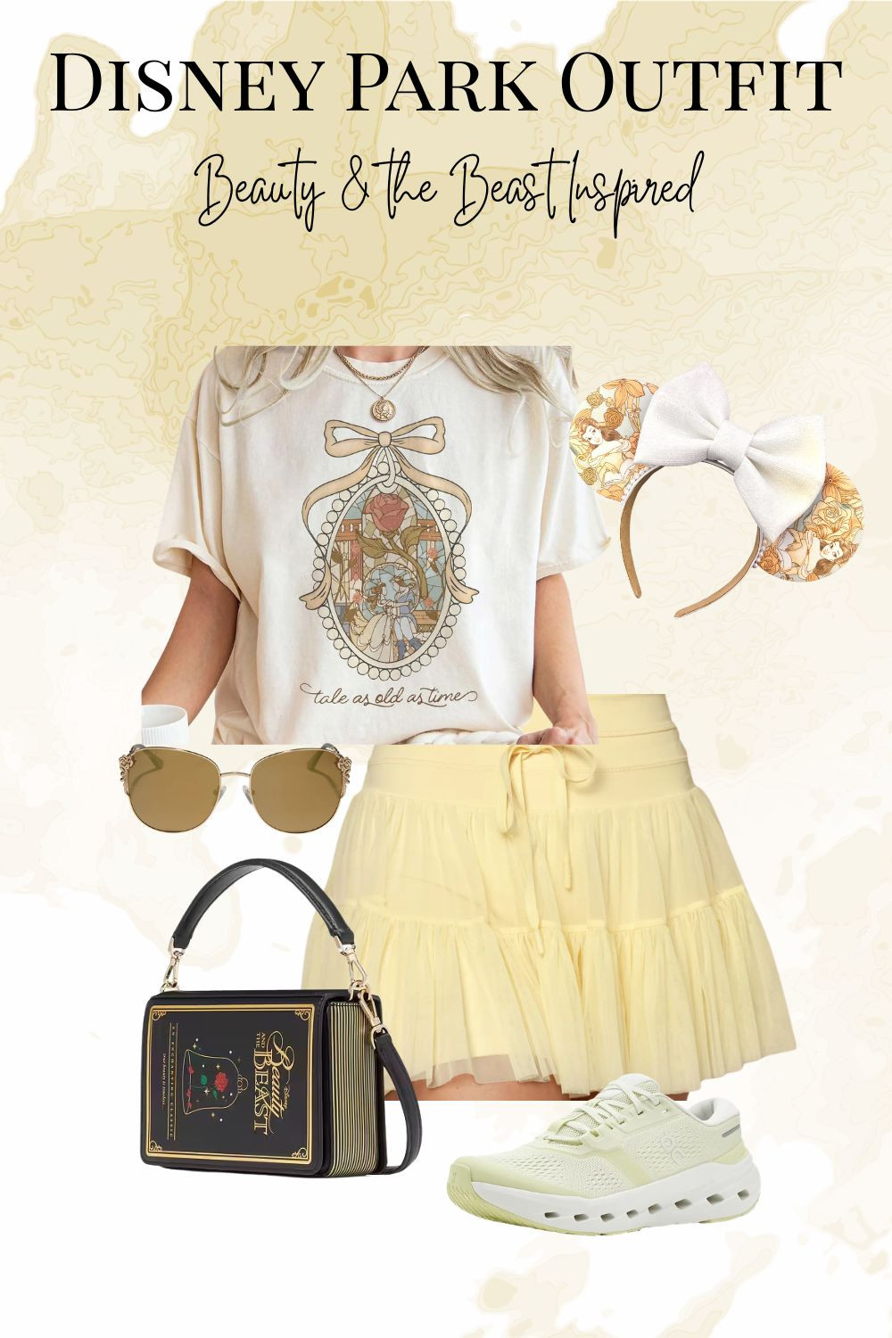 Channel your inner princess with this Belle-inspired Disney park outfit, perfect for a magical day at the parks! This Beauty and the Beast outfit features Belle-themed ears, a graphic tee, a comfortable active skort, supportive sneakers for all-day walking, a charming book-shaped purse inspired by Belle's love of reading, and Beauty and the Beast sunglasses. Whether you're planning a Disney vacation, Disneybounding as Belle, or looking for cute and comfortable Disney park outfit ideas, this princess-inspired look combines style, comfort, and Disney magic for your next theme park adventure. #DisneyStyle #DisneyBounding #BelleInspiredOutfit #DisneyParkOutfit
 

 #LTKTravel