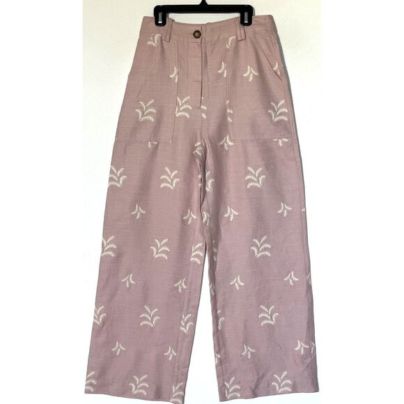 New Zara Pink Linen Blend Floral Embroidered High Rise Wide Leg Boho Pants | Poshmark