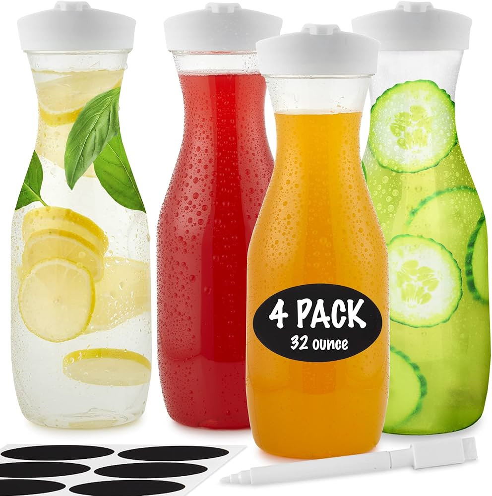 Plastic Juice Carafe with Lids (Set of 4) 32 oz Carafes for Mimosa Bar, Drink Pitcher with Lid, W... | Amazon (US)