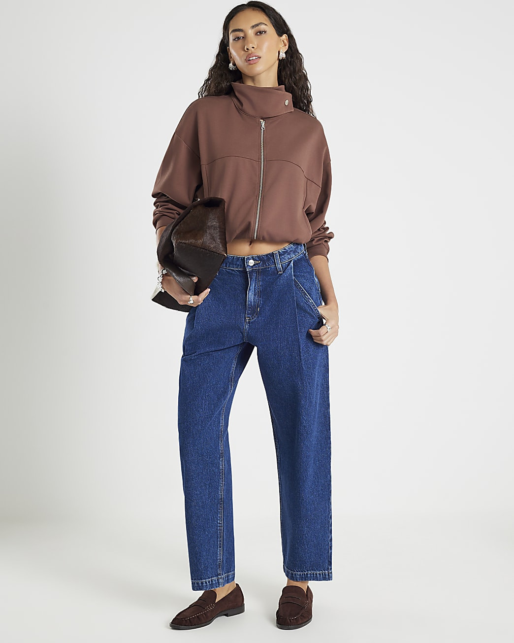 Blue Tapered Leg Pleated Jeans | River Island UK & IE