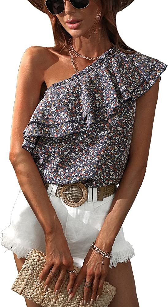 MakeMeChic Women's Ditsy Floral One Shoulder Ruffle Trim Summer Blouse Top | Amazon (US)