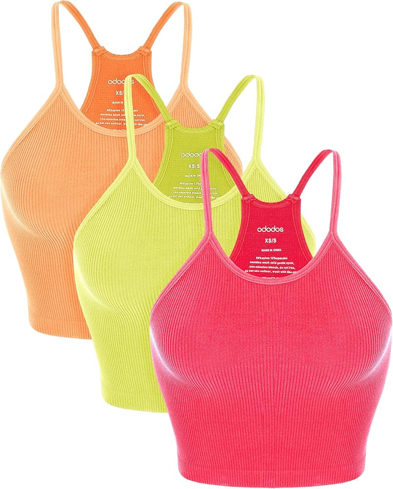 ODODOS Women's Crop 3-Pack Washed Seamless Rib-Knit Camisole Crop Tank Tops | Amazon (US)