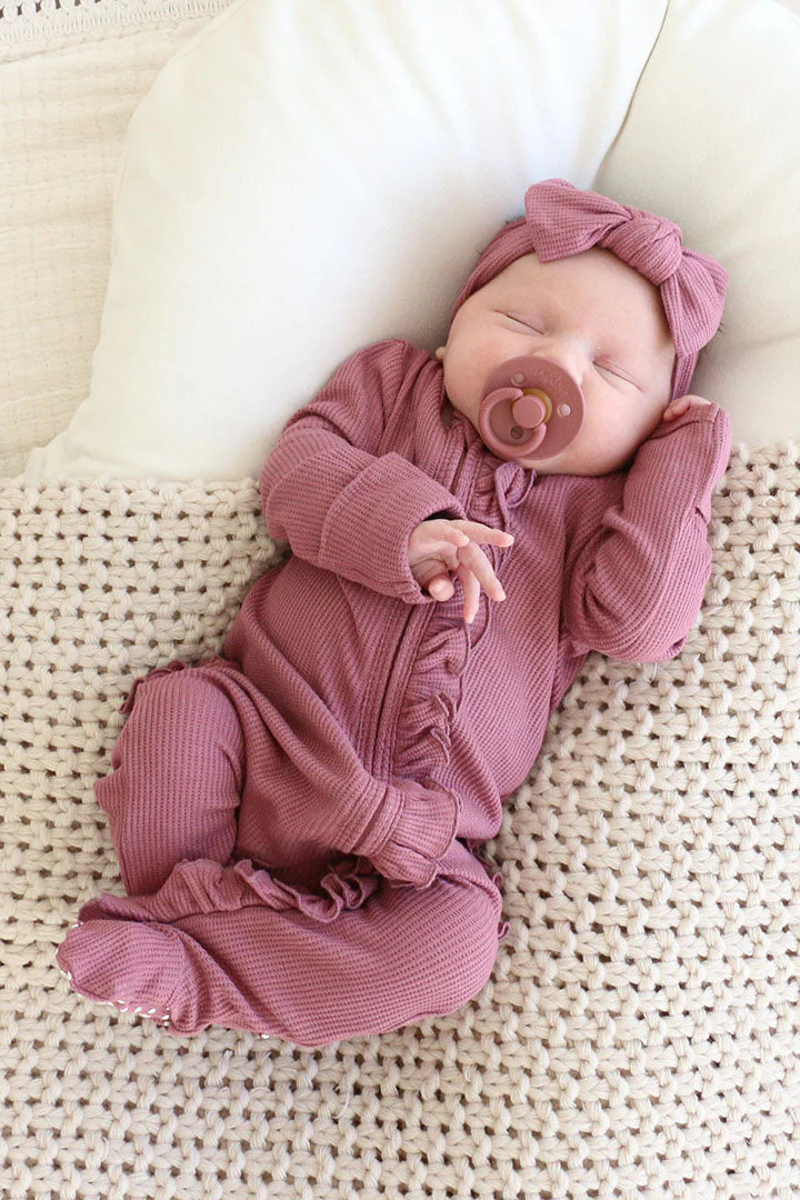 Boysenberry Bamboo Waffle Zipper Ruffle Footie | Caden Lane