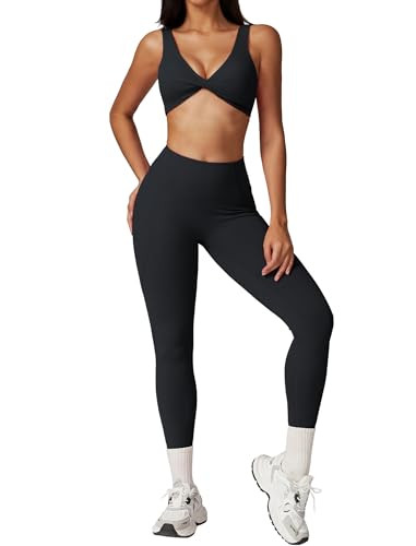 ABOCIW Workout Sets for Women Twist Front Cross Back Sports Bra Tummy Control High Waist Leggings 2 Piece Gym Yoga Outfits Black Medium | Amazon (US)