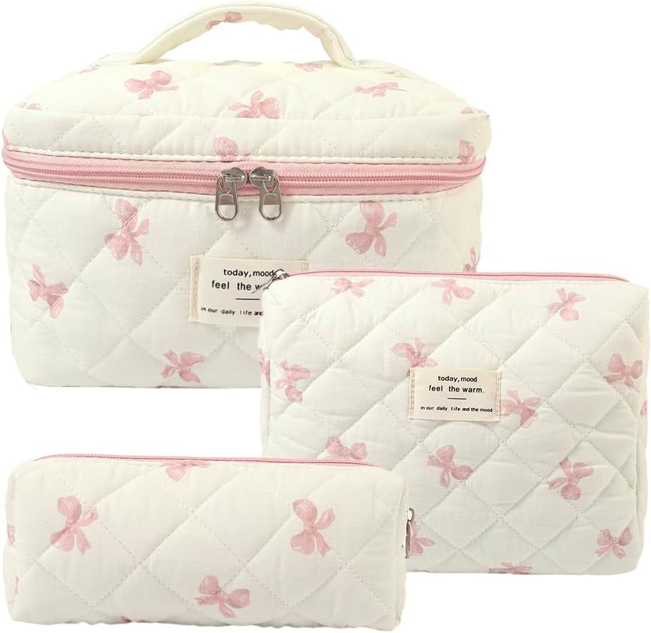 Makeup Bag, 3 PCS Quilted Makeup Bag, Cute Floral Cotton Cosmetic Bag set, Coquette Makeup Pouch ... | Amazon (US)