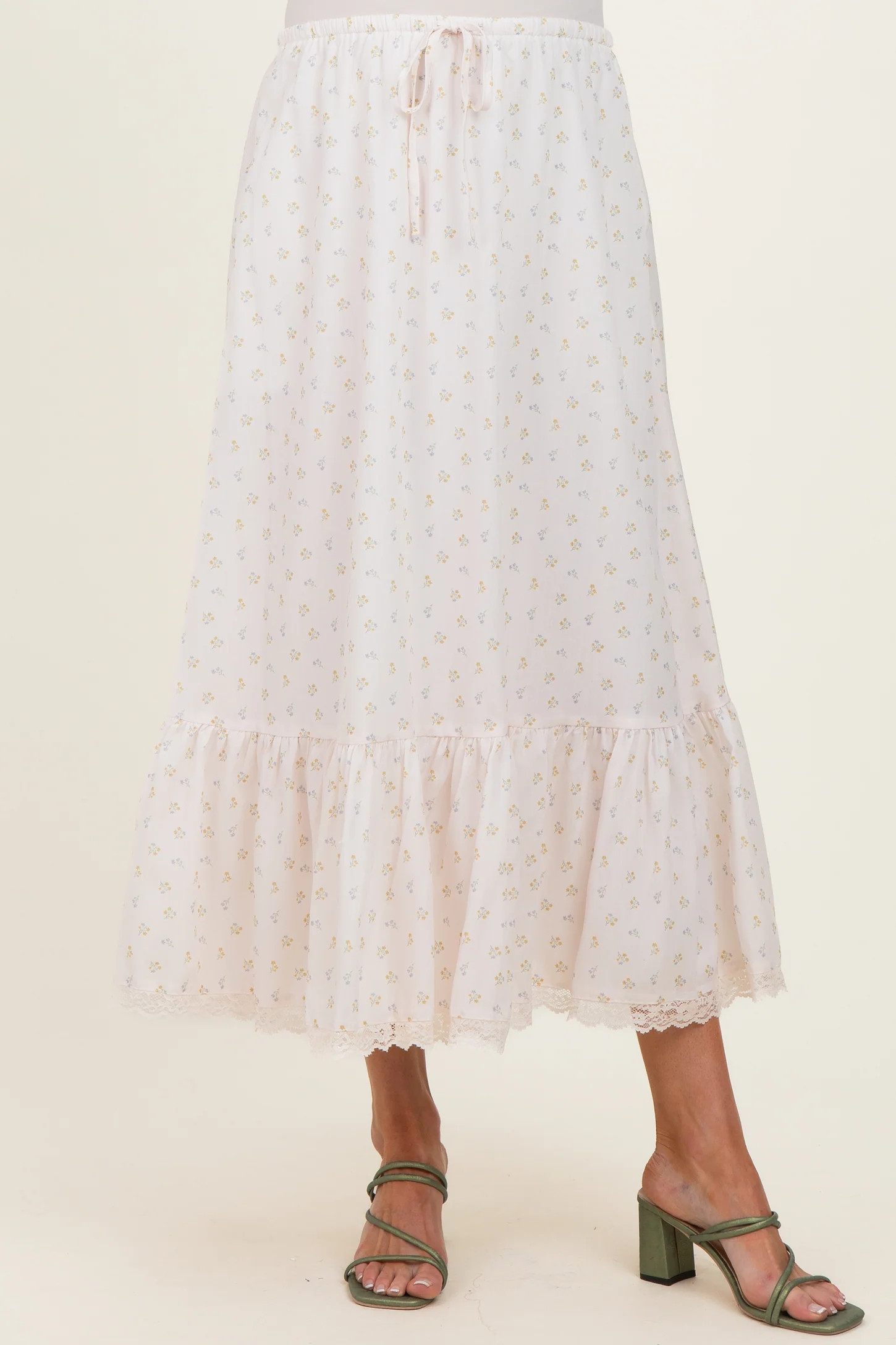 Ivory Print Lace Trim Maternity Midi Skirt | PinkBlush Maternity