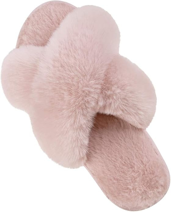DL Womens Cross Band Soft Plush Slippers Furry Fleece Slip on Slippers Open Toe House Shoes Slide... | Amazon (US)