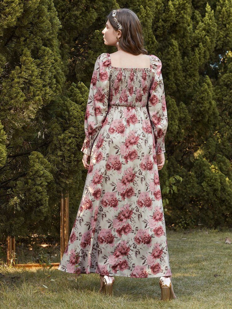 Square Neck Floral Print Shirred Dress | SHEIN