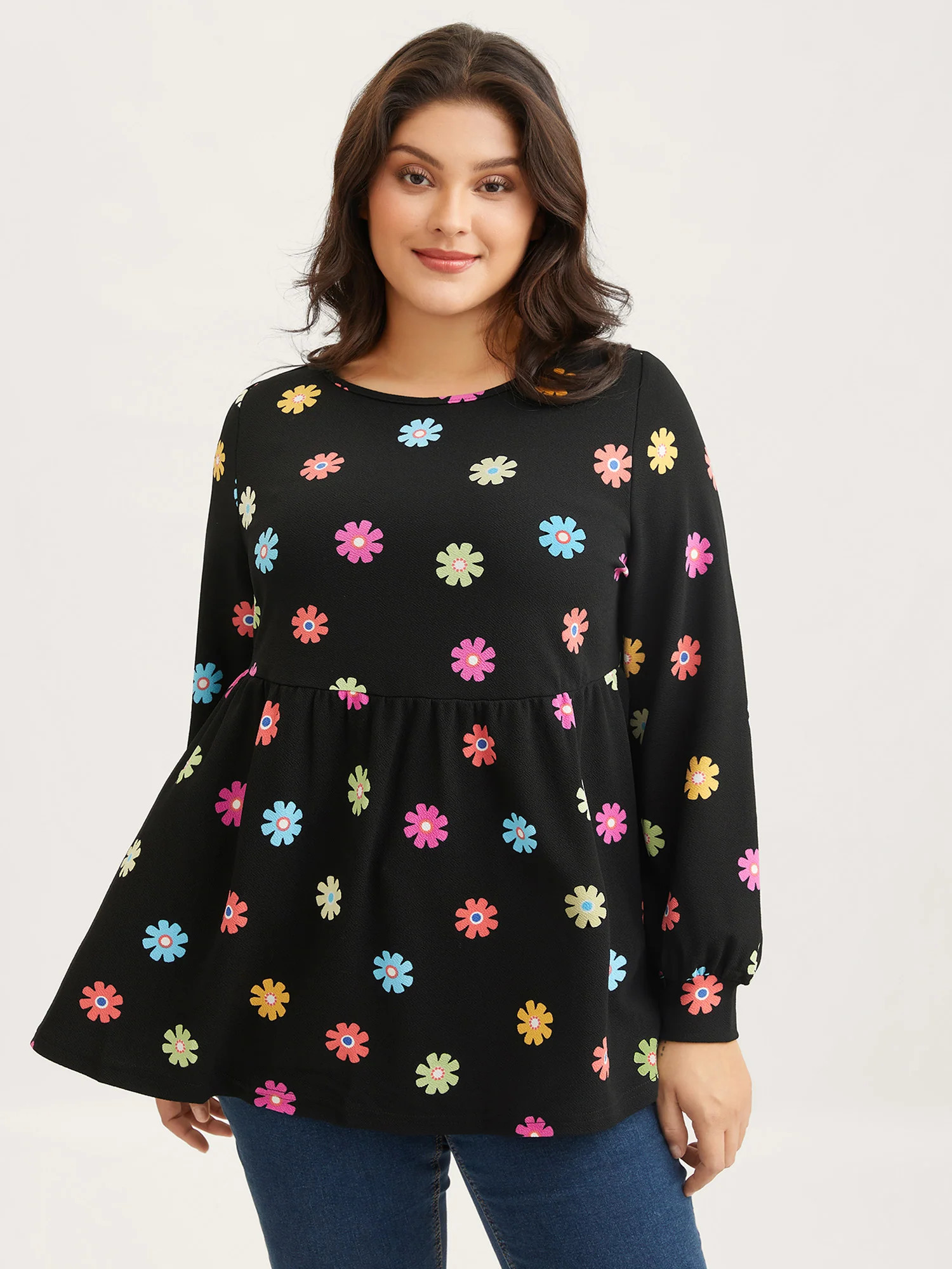 Multi-Color Floral Textured Stretchy Knit Top | Bloomchic