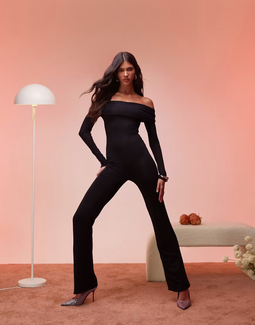 Oh Polly Agnesa modal off shoulder ruched jumpsuit in black | ASOS (Global)