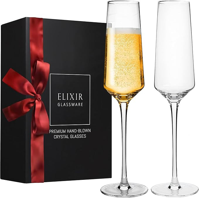 Champagne Flutes - 8 oz - Set of 2 Crystal Glass Flutes, Hand Blown Edge Champagne Glasses - Pros... | Amazon (US)