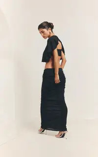 Black Mesh Ruched Twist Panel Maxi Skirt Co-ord | PrettyLittleThing USA | PrettyLittleThing US