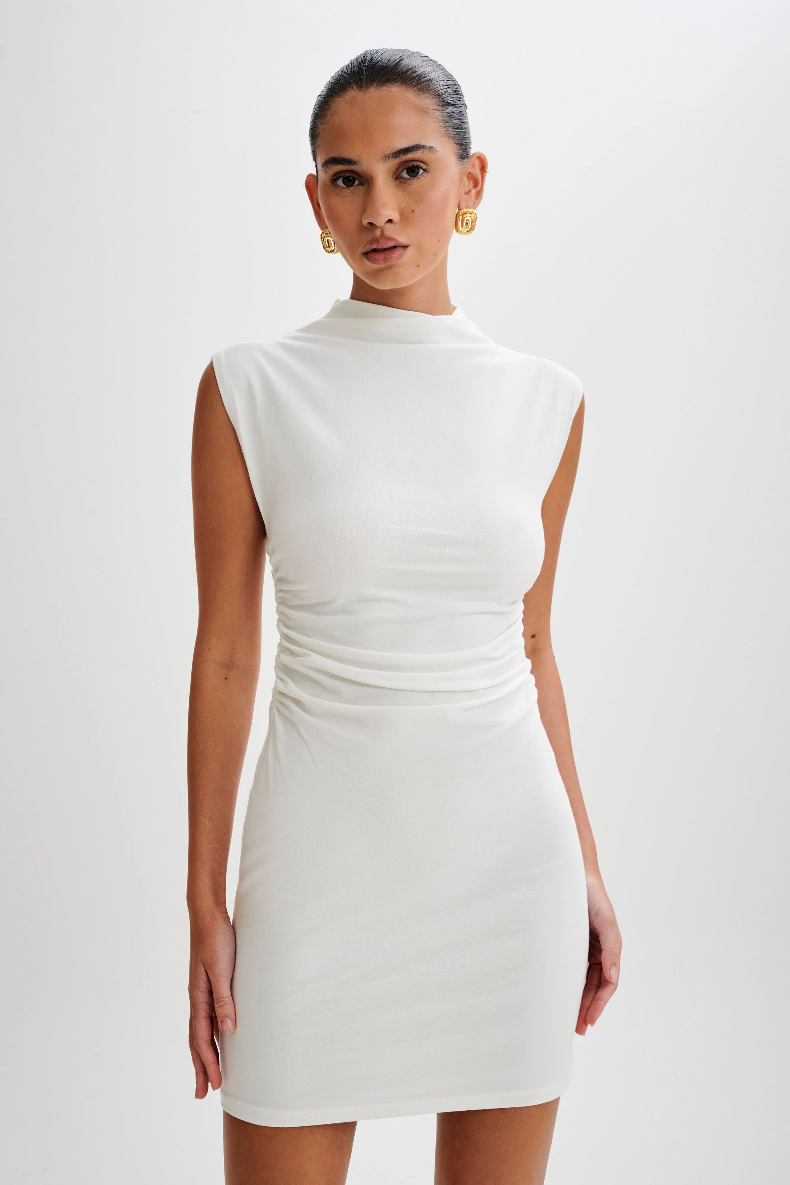 Melania High Neck Mini Dress - White | MESHKI US