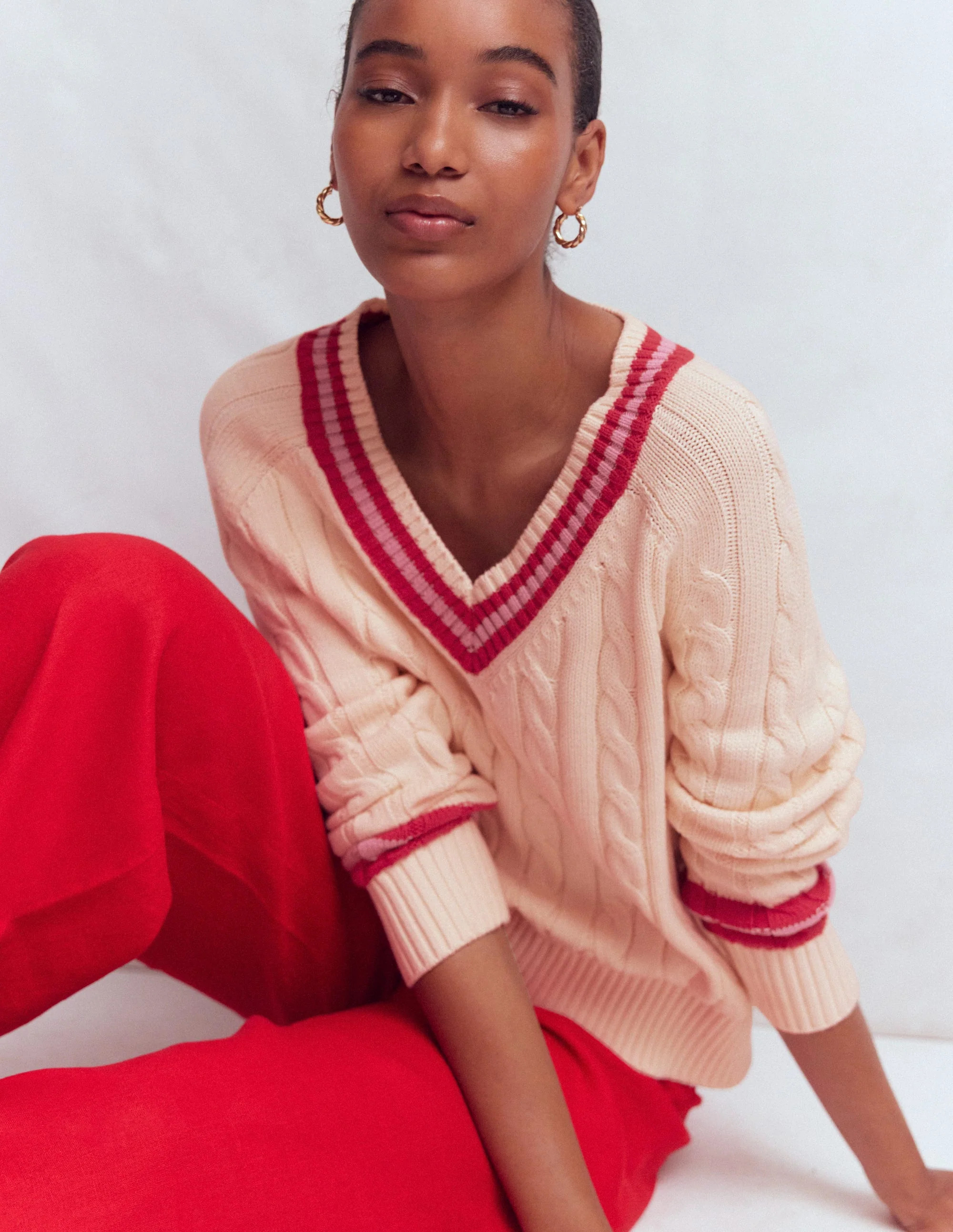 Maeve Texturierter Baumwollpullover-Naturwei\u00df Zopfmuster, Rot | Boden DE