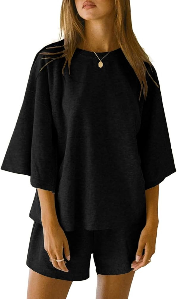 JAWINT Womens 2 Piece sets Outfits Casual 3/4 Sleeve Tops Oversized Shirts and Elastic Waist Shor... | Amazon (US)