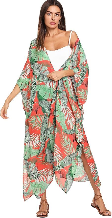 SweatyRocks Women's Flowy Kimono Cardigan Open Front Maxi Dress | Amazon (US)