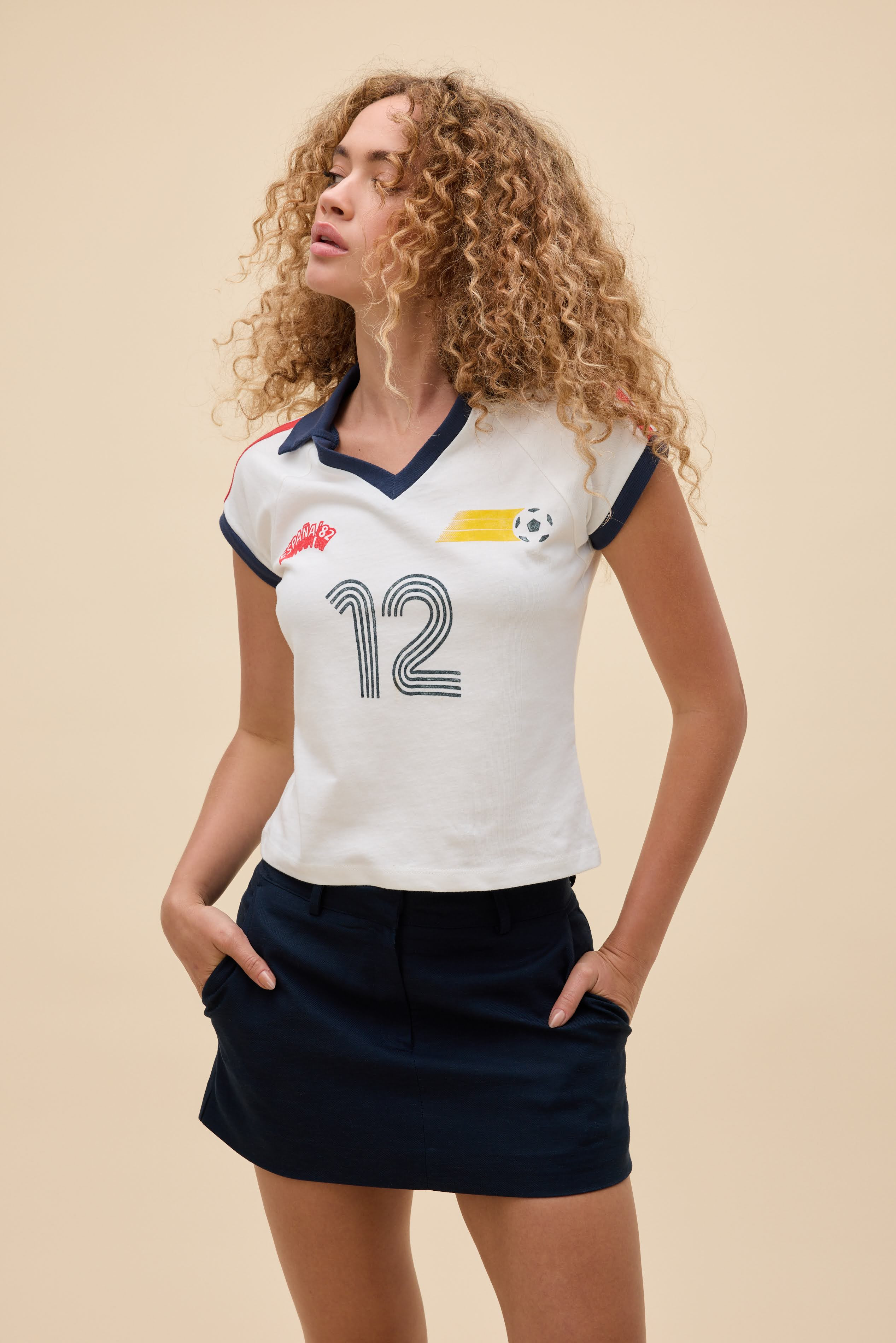 Espa\u00f1a 82 Sporty Polo Tee in White | 100% Cotton T-Shirt in Vintage White Combo | Daydreamer