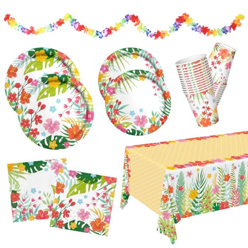 Tropical Luau Party Supplies Kit for 25 - Aloha Hawaiian Party Decorations with Disposable Paper Plates, Napkins, Cups, Tablecloth, and Banner | BBQs & Summer party | Amazon (US)