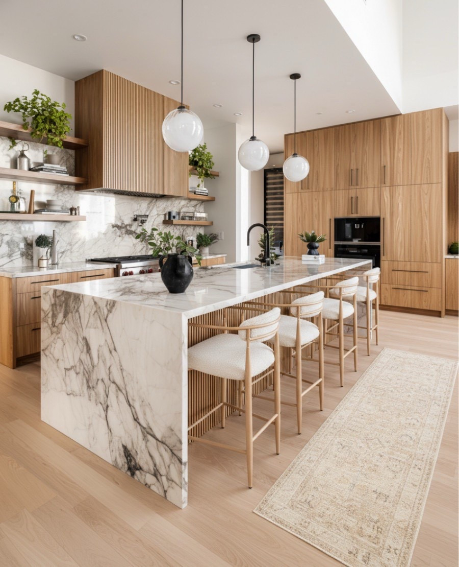 A modern kitchen that feels warm, calm, and elevated. The marble waterfall island instantly draws the eye, its bold veining adds texture and movement, while the slatted oak cabinetry brings that natural warmth every home needs.

The mix of white oak cabinets, black fixtures, and minimal globe pendants keeps this space feeling sleek yet inviting. I love how the neutral runner rug softens the design and ties in the lighter wood tones for a cohesive, airy look.

If you’re designing a modern organic kitchen, this is the balance to aim for, clean lines, layered textures, and timeless materials that make the space both functional and beautiful.

Save this for kitchen design inspiration, and shop similar marble countertops, wood cabinets, and modern barstools to recreate this look in your home. 





#LTKFindsUnder100 #LTKSaleAlert #LTKHome
