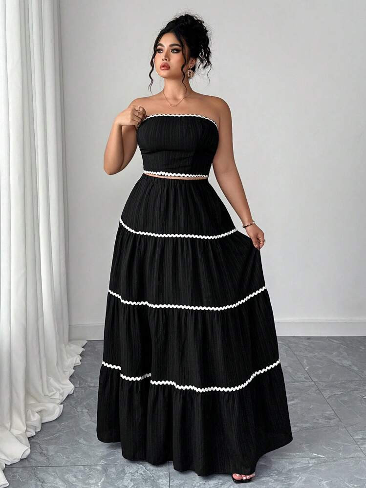 Elenzga 2pcs/Set Plus Size Women Vacation Layered Wave Pattern Crop Top And Skirt | SHEIN