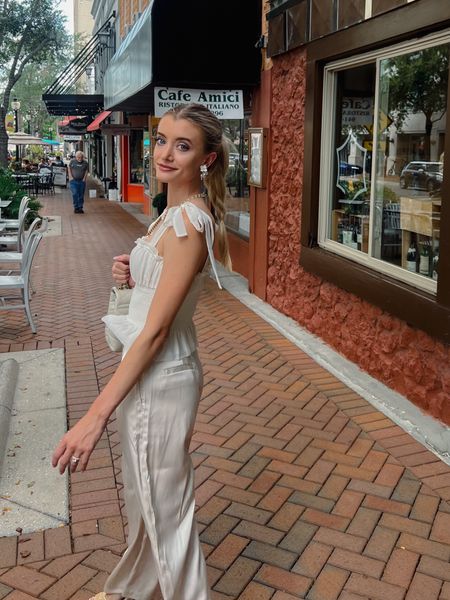 Sarasota outfit 
Florida outfit 
Bridal outfit 
White outfit 
Wedding dress shopping outfit 
Satin pants 
White blouse 
YSL
white pursue
Wedding earrings