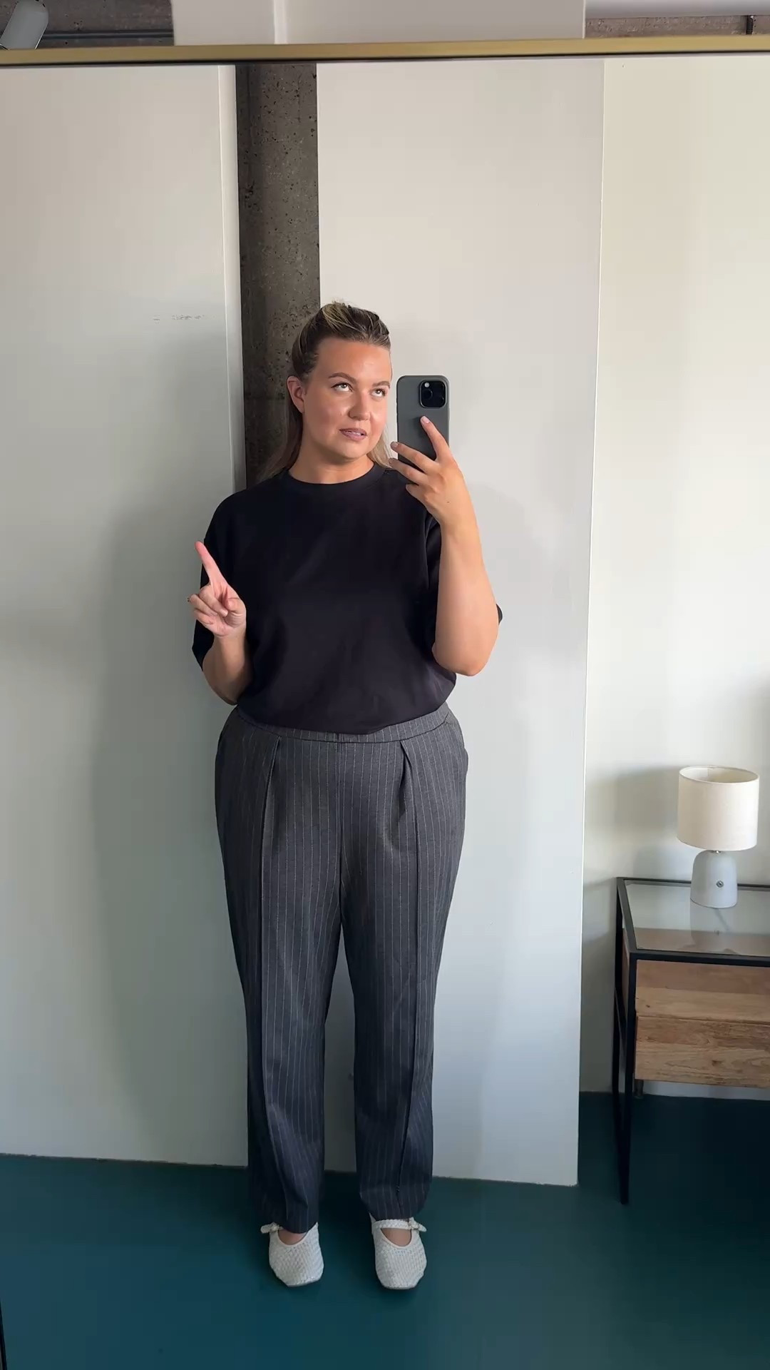 Workwear comfort HERO!!

Uniqlo Airism t-shirt [XL]
Pinstripe pull on trousers [XXL]
Dune white ballet flats [UK 8]
