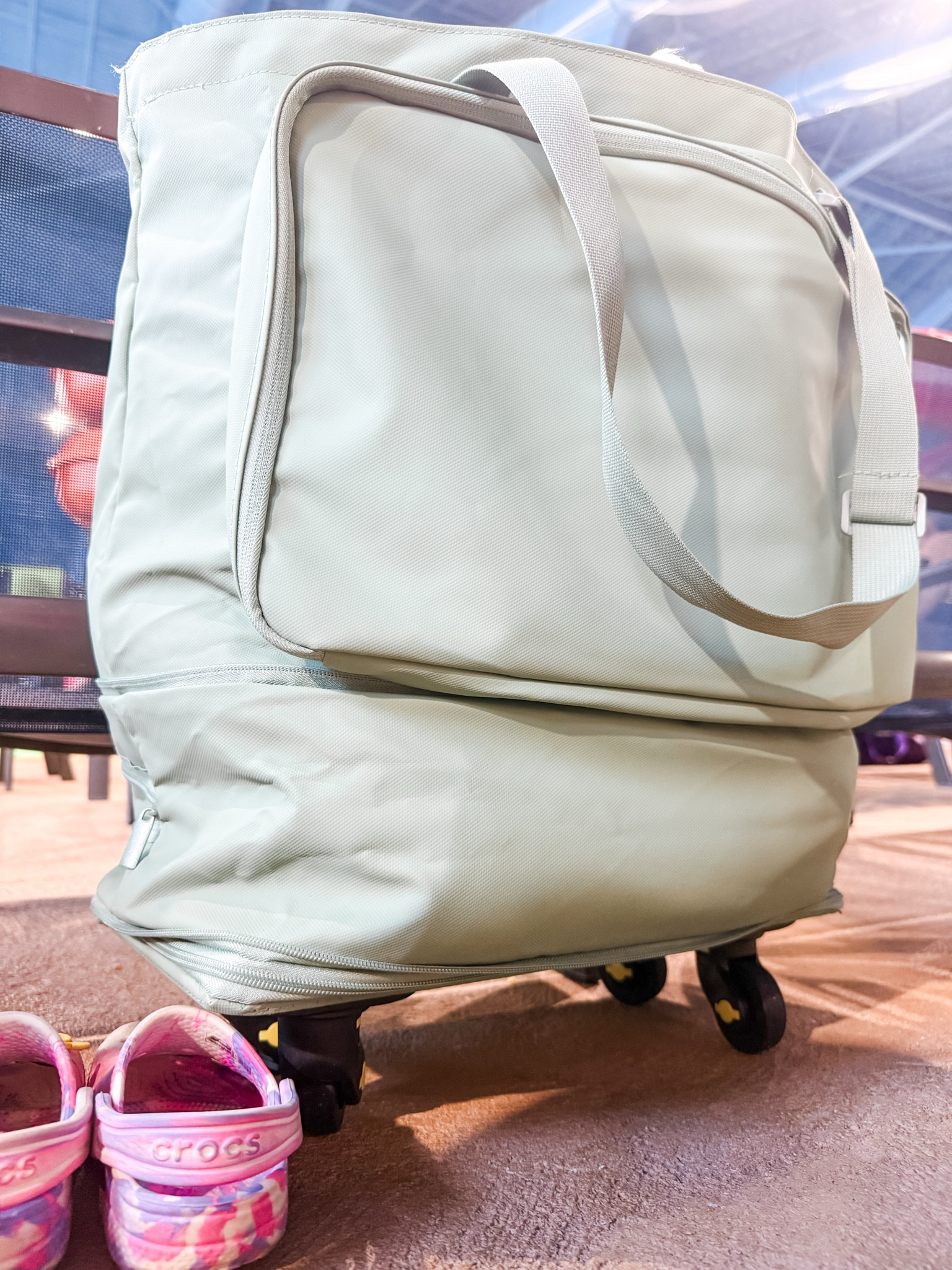 This tote saved us at the waterpark. The removable wheels kept everything off the wet ground, and it folds down into a pouch when you’re not using it. (Plus, that pouch becomes an exterior pocket when it’s a large tote bag.)

#LTKmomlife #LTKdayinmylife #LTKTravel