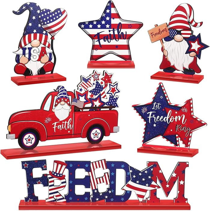 Qunclay 6 Pieces Patriotic Table Decor Memorial Day Table Decorations Wooden Gnome Freedom Truck ... | Amazon (US)