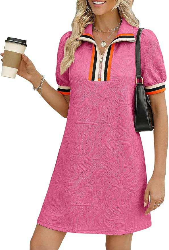 BLENCOT Summer Dresses for Women Casual Half Zip V Neck Short Sleeve Mini Sweatshirt Dress with P... | Amazon (US)