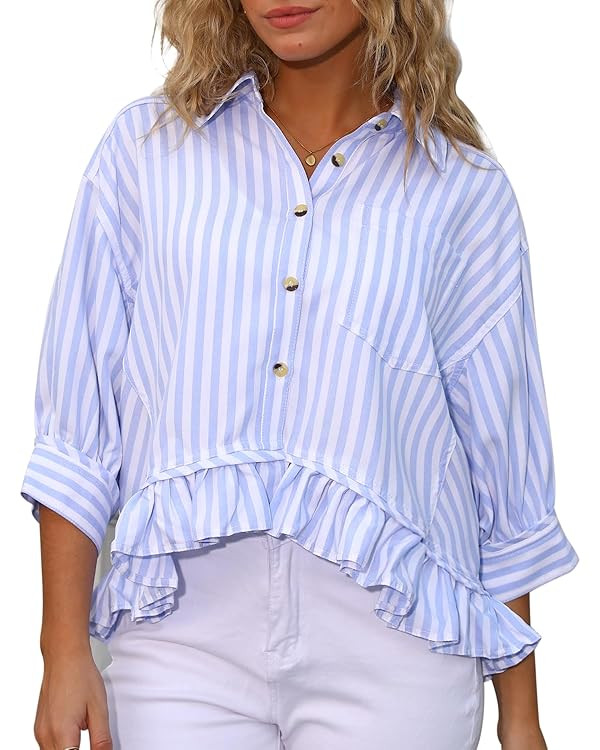 CHYRII Womens Summer Tops Dressy Casual Blouse Top Ruffled Short Sleeve Button Down Striped Shirt | Amazon (US)