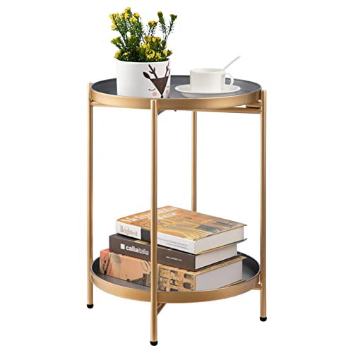 HollyHOME 2-Tier Round Gold Side Table, Outdoor Small Folding Accent Stand with Removable Tray, Anti-Rust Metal Asional Table for Balcony Patio Living Room, Nightstand for Bedroom(Gold&Grey) | Amazon (US)