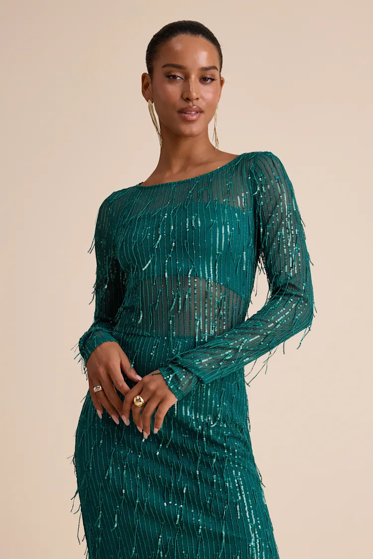 Sheer Fascination Emerald Sheer Mesh Sequin Fringe Maxi Dress | Lulus