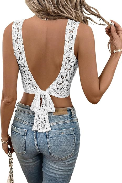 SweatyRocks Women's Country Concert Outfits Tie Backless Lace Crop Top Sexy Going Out Tops Boho W... | Amazon (US)
